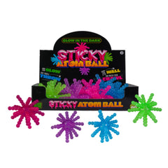 Glow In The Dark Sticky Atom Ball sensory fidget toys in bright pink, purple, blue, and green colors for tactile play.