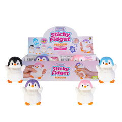 Penguin Sticky Fidget sensory toys in various colors displayed in box with hands squeezing them.