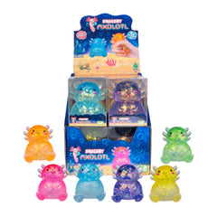 Squishy Glitter Axolotl sensory toys in various colors with glitter, designed to calm and support families.
