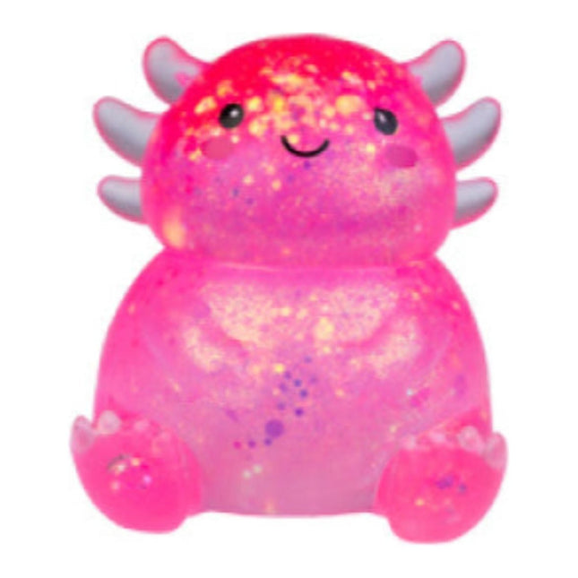 Squishy Glitter Axolotl fidget toy in bright pink with smiling face, helping families thrive with calm and connection.