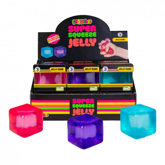 Smooshos Jelly Cube sensory squishy cubes in pink purple and blue with display box
