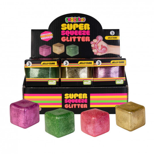 Smooshos Jelly Cube Glitter sensory fidget cubes in pink green red and gold packaging