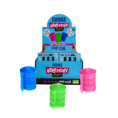 Display box with blue, green, and pink Stretchy Roll-Ups sensory fidget strips for kids and adults to stretch and roll