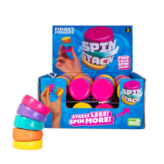 Spin Stack Fidget colorful spinning discs designed for stress relief and sensory play, displayed in product packaging.