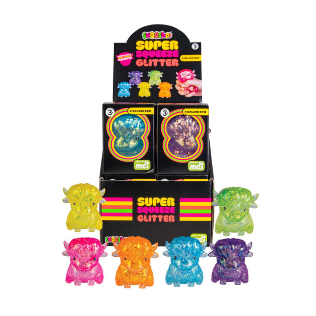 Highland Cow Smooshos Super Squeeze colourful glitter sensory squishy toys in display box