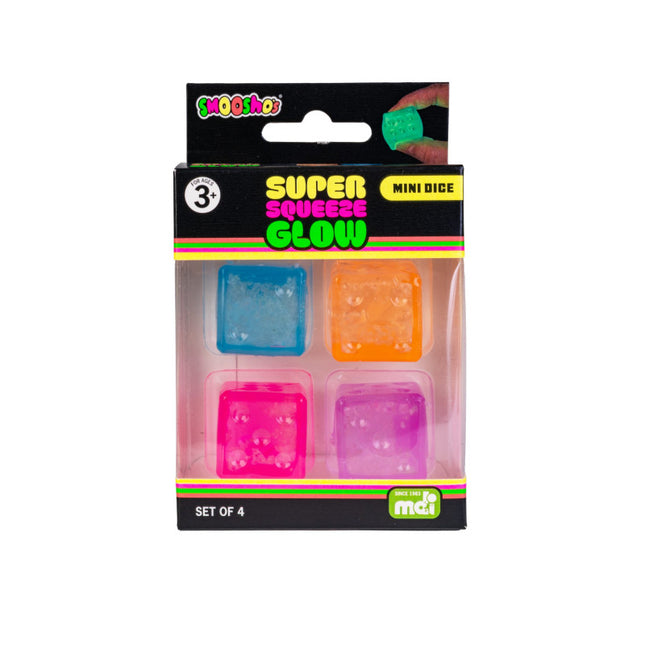 Mini Dice GID Smooshos Super Squeeze Set of 4 colorful glow in the dark squishy fidgets