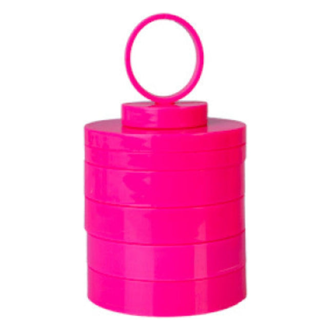 Bright pink sensory toy with stackable layers and a loop handle, designed to calm, connect and support.