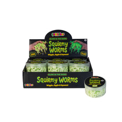 Glow in the Dark Squirmy Worms sensory fidget toys in jars designed to wiggle, jiggle, and squeeze.