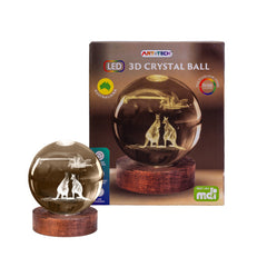 Australiana 3D Crystal Ball Lamp showing kangaroo design on wooden base with LED lighting, packaged for retail display