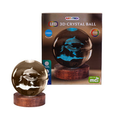 Dolphin 3D Crystal Ball Lamp with LED lighting on wooden base, showcasing a dolphin sensory and lighting tool.