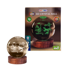 Dino Land 3D Crystal Ball Lamp with dinosaur designs illuminated on a wooden base, featuring LED lighting and color modes.