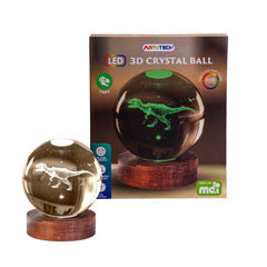 T-Rex 3D Crystal Ball Lamp showing a glowing T-Rex inside a clear orb on a wooden base with color changing lighting.