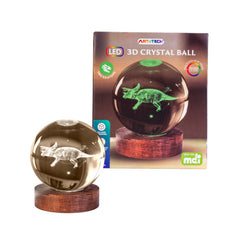 Triceratops 3D Crystal Ball Lamp showing a glowing dinosaur figure on a wooden base with color-changing LED lighting.