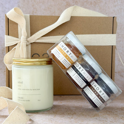 Honeylight Gift Box with scented candle and trio of gourmet honey jars, helping families thrive with tools to calm, connect and support