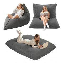 Three views of a soft, large, dark gray corduroy bean bag chair with women sitting, reading, and lying down using a laptop.