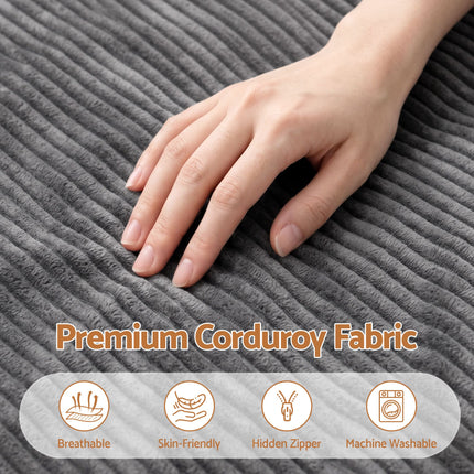 Artiss 3 in 1 Bean Bag Chair Cover (No Filler) Convertible Bean Bag for Adults, Corduroy Stuffed Animal Storage Bean Bag Cover Washable for Living Room Bedroom, showing breathable premium corduroy fabric and hand touching it.