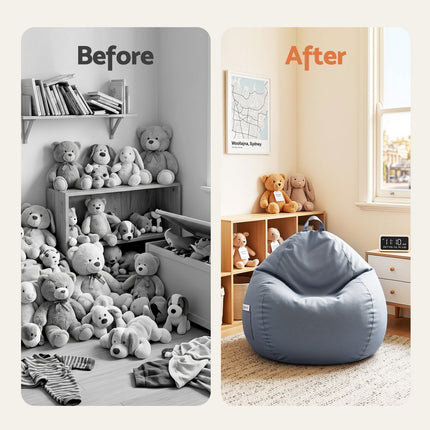 Artiss Outdoor Bean Bag Chair Cover (No Filler) Splash-Proof Beanbag Sofacover for Adults Teens Kids Stuffable Bean Bag Cover for Patio Poolside Relaxing, Grey in a tidy, bright room.