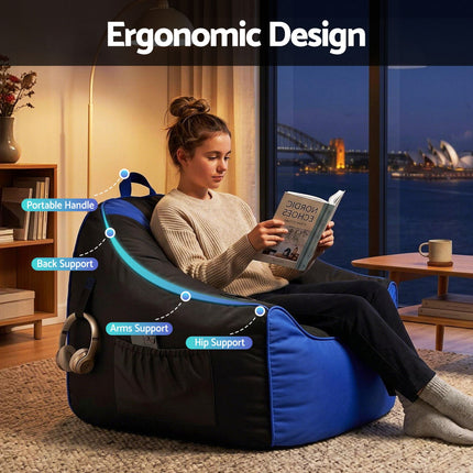 Artiss Gaming Bean Bag Chair Cover (No Filler) for Adults Teens Kids Splash-Proof Floor Gaming Chair Cover with Side Pockets, Headphone Hanger, Cup Holder, Bean ergonomic design with support