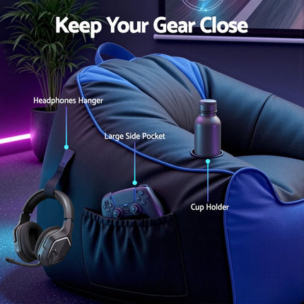 Artiss Gaming Bean Bag Chair Cover (No Filler) for Adults Teens Kids with side pockets, headphone hanger, cup holder, splash-proof design