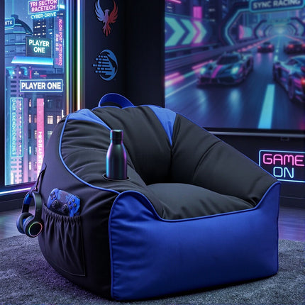 Artiss Gaming Bean Bag Chair Cover (No Filler) for Adults Teens Kids Splash-Proof Floor Gaming Chair Cover with Side Pockets, Headphone Hanger, Cup Holder, Bean in black and blue with gaming accessories.