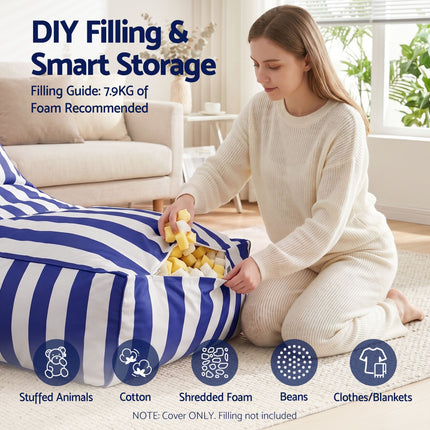 Artiss Outdoor Bean Bag Chair Cover (No Filler) Splash-Proof Beanbag Lounge Sofacover Stuffed Animal Storage Bean Bag Cover for Patio Poolside Relaxing, Blue with DIY filling demonstration