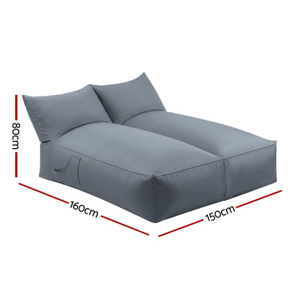Artiss Outdoor Bean Bag Chair Cover (No Filler) 2 Seater Beanbag Lounge Sofacover Adults Splash-Proof Large Bean Bag Cover for Patio Poolside Relaxing Indoor, G in grey fabric with side pocket and dimensions.
