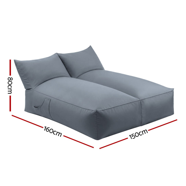 Artiss Outdoor Bean Bag Chair Cover (No Filler) 2 Seater Beanbag Lounge Sofacover Adults Splash-Proof Large Bean Bag Cover for Patio Poolside Relaxing Indoor, G in grey fabric with side pocket and dimensions.
