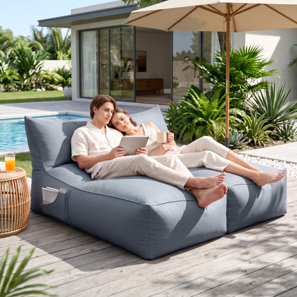 Artiss Outdoor Bean Bag Chair Cover (No Filler) 2 Seater Beanbag Lounge Sofacover Adults Splash-Proof Large Bean Bag Cover for Patio Poolside Relaxing Indoor, G with two people relaxing outside