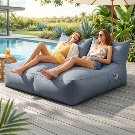 Artiss Outdoor Bean Bag Chair Cover (No Filler) 2 Seater Beanbag Lounge Sofacover Adults Splash-Proof Large Bean Bag Cover for Patio Poolside Relaxing Indoor, G with two women lounging outdoors