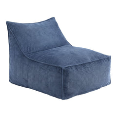 Blue corduroy textured lounge chair with a slanted backrest on a white background