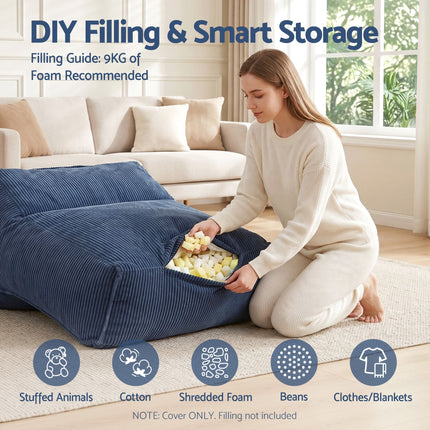 Artiss Bean Bag Chair Cover (No Filler) Soft Corduroy Stuffed Animal Storage Bean Bag Cover for Adults, Washable Lazy Sofa Cover for Living Room Bedroom, Blue with filling storage features