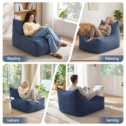 Artiss Bean Bag Chair Cover (No Filler) Soft Corduroy Stuffed Animal Storage Bean Bag Cover for Adults, Washable Lazy Sofa Cover for Living Room Bedroom, Blue with people relaxing and gaming