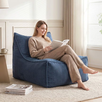 Artiss Bean Bag Chair Cover (No Filler) Soft Corduroy Stuffed Animal Storage Bean Bag Cover for Adults, Washable Lazy Sofa Cover for Living Room Bedroom, Blue with woman reading