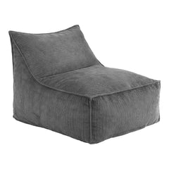 Gray corduroy textured lounge chair with angled backrest and cushioned seat on white background