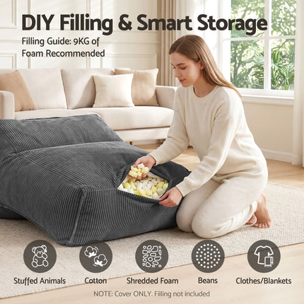 Artiss Bean Bag Chair Cover (No Filler) Soft Corduroy Stuffed Animal Storage Bean Bag Cover for Adults, Washable Lazy Sofa Cover for Living Room Bedroom, Grey with woman filling it