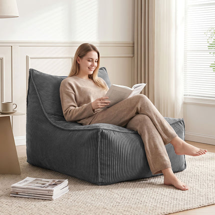 Artiss Bean Bag Chair Cover (No Filler) Soft Corduroy Stuffed Animal Storage Bean Bag Cover for Adults, Washable Lazy Sofa Cover for Living Room Bedroom, Grey with woman reading