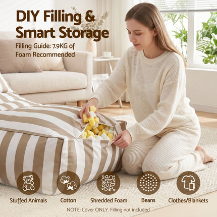 Woman filling Artiss Outdoor Bean Bag Chair Cover (No Filler) Splash-Proof Beanbag Lounge Sofacover Stuffed Animal Storage Bean Bag Cover for Patio Poolside Relaxing, Taupe with foam pieces