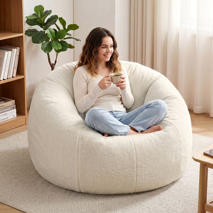 Woman relaxing on a soft white chair, holding a cup, featuring Artiss Bean Bag Chair Cover (No Filler) Soft Faux Fur Beanbag Cover Large Round Stuffed Animal Storage Bean Bag Cover Washable Lazy Sofa Cover for Adults Kids T