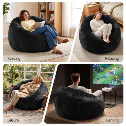 Artiss Bean Bag Chair Cover (No Filler) Soft Faux Fur Beanbag Cover Large Round Stuffed Animal Storage Bean Bag Cover Washable Lazy Sofa Cover for Adults Kids T in black with people relaxing and gaming