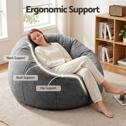 Artiss Bean Bag Chair Cover (No Filler) Soft Faux Fur Beanbag Cover Large Round Stuffed Animal Storage Bean Bag Cover Washable Lazy Sofa Cover for Adults Kids T in gray with ergonomic support