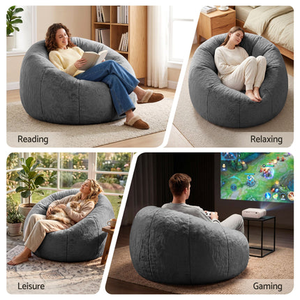 Artiss Bean Bag Chair Cover (No Filler) Soft Faux Fur Beanbag Cover Large Round Stuffed Animal Storage Bean Bag Cover Washable Lazy Sofa Cover for Adults Kids T in grey with people sitting and relaxing
