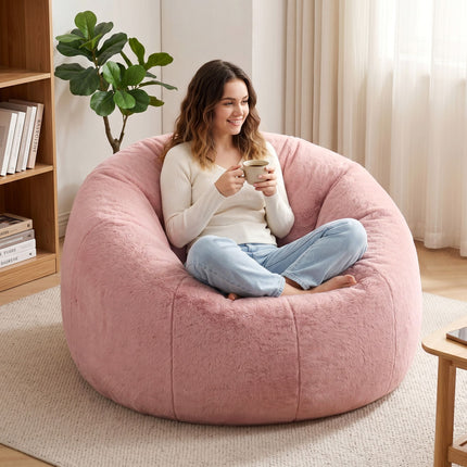 Woman sitting cross-legged on a pink Artiss Bean Bag Chair Cover (No Filler) Soft Faux Fur Beanbag Cover Large Round Stuffed Animal Storage Bean Bag Cover Washable Lazy Sofa Cover for Adults Kids T