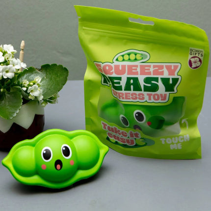 Stress Toy - Squeazy Peasy green pea pod fidget squishy with expressive face, helping families thrive with tools to calm