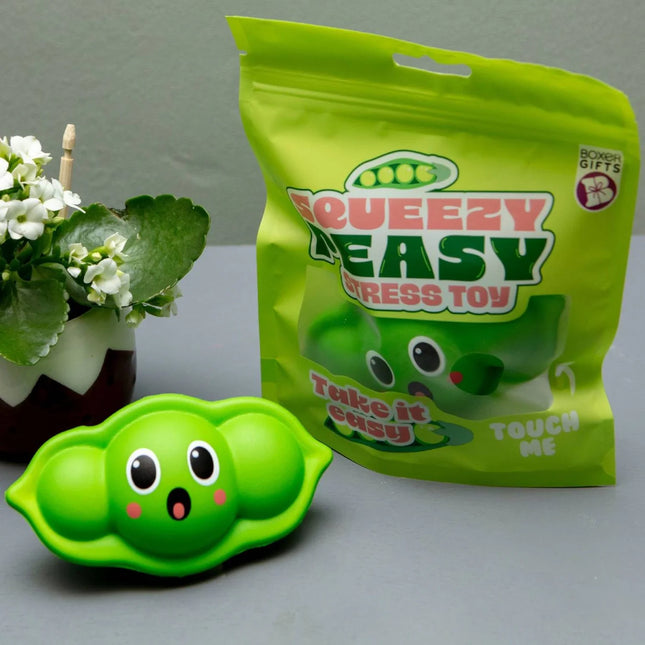 Stress Toy - Squeazy Peasy green pea pod fidget squishy with expressive face, helping families thrive with tools to calm