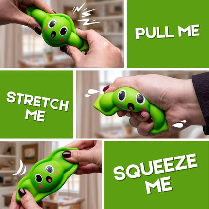 Stress Toy - Squeazy Peasy being pulled, stretched, and squeezed with a smiling green pea pod design.