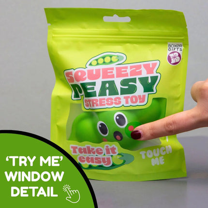 Stress Toy - Squeazy Peasy in bright green packaging with a finger pressing the sensory pea pod inside window.