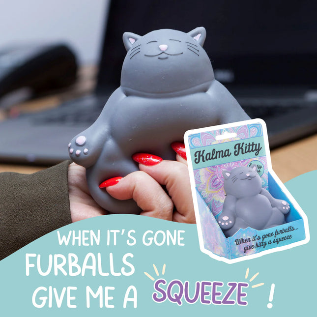 Hand squeezing a gray Stress Toy - Kalma Kitty fidget for calming sensory support, helping families thrive.