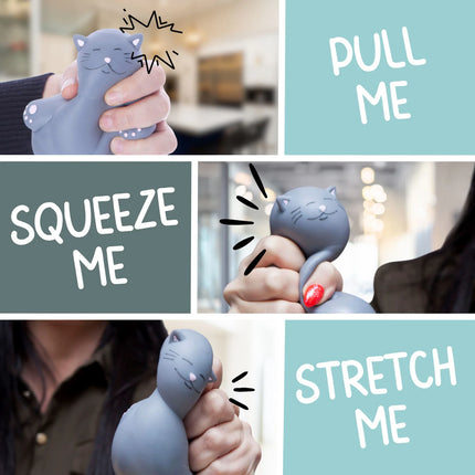 Stress Toy - Kalma Kitty shown being squeezed, pulled, and stretched as a calming sensory fidget toy for all ages.