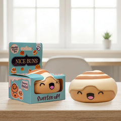 Stress Toy - Nice Buns squishy sensory toy beside its colourful packaging
