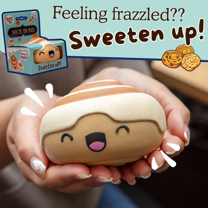 Stress Toy - Nice Buns held in hands, cute smiling cinnamon bun design fidget squishy for calming sensory support